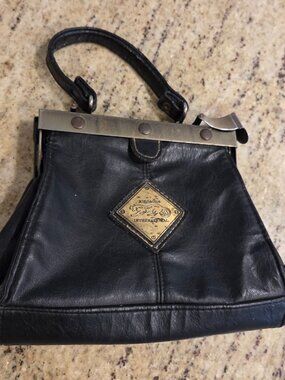 Vtg Jordache International Black Leather Handbag Cheetah Wild Cat Logo